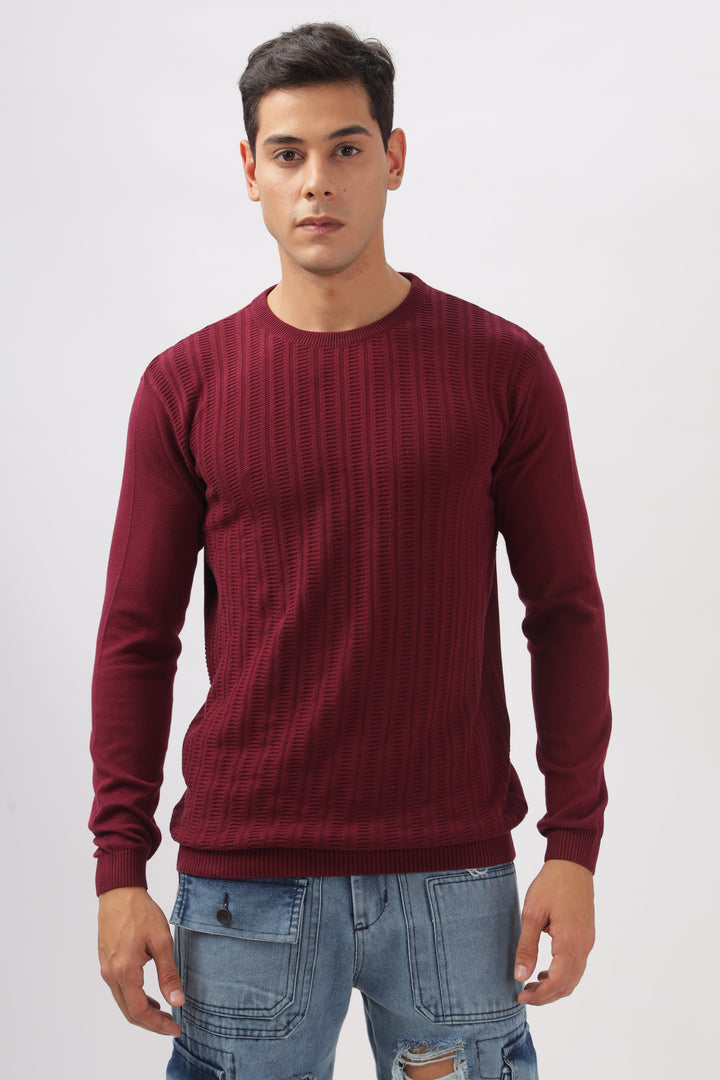 Stripes Knitted Maroon Full-Sleeve T-Shirt Ilyzly