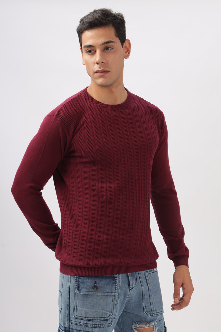 Stripes Knitted Maroon Full-Sleeve T-Shirt Ilyzly