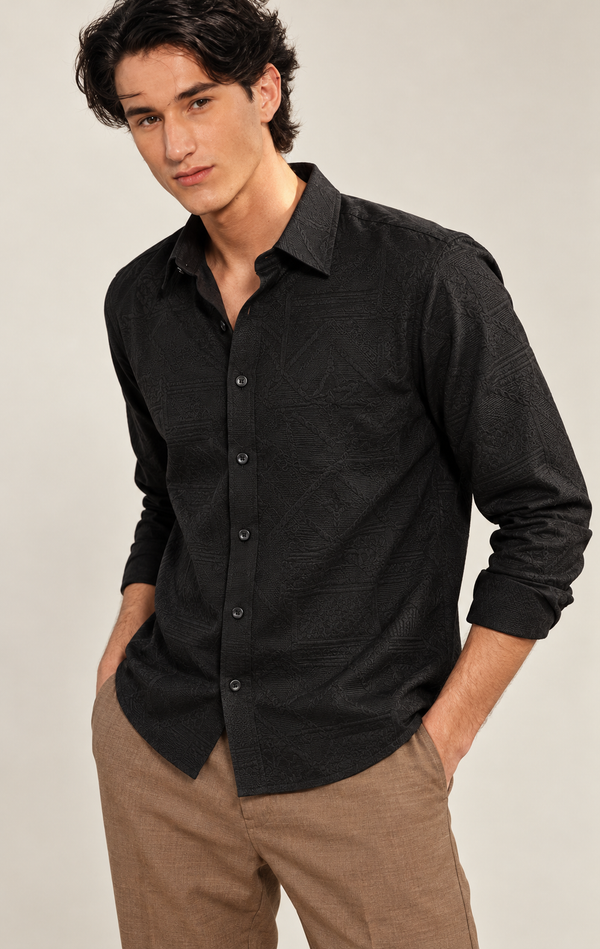 Black Textured Jacquard Ilyzly Shirt