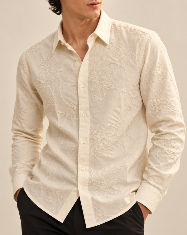 Cream Textured Jacquard Ilyzly Shirt