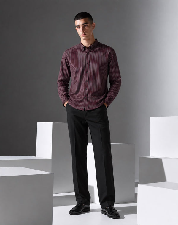 Ilyzly Marron Vertical Stripe Regular Fit Shirt