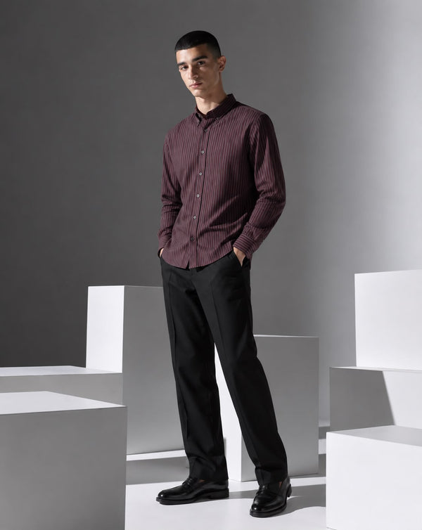 Ilyzly Marron Vertical Stripe Regular Fit Shirt