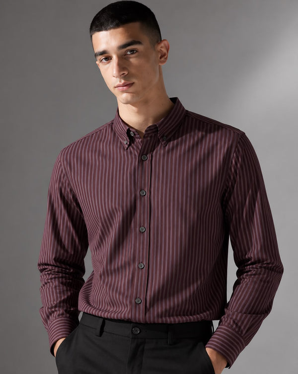 Ilyzly Marron Vertical Stripe Regular Fit Shirt