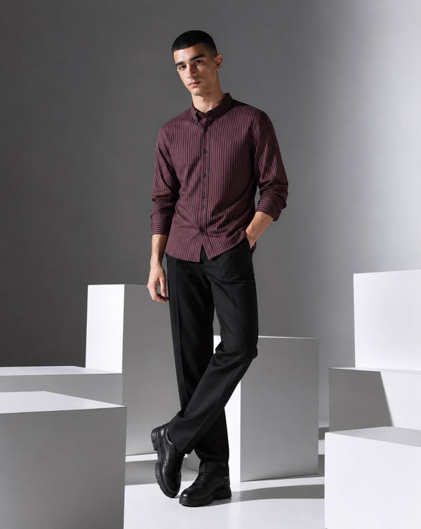 Ilyzly Marron Vertical Stripe Regular Fit Shirt