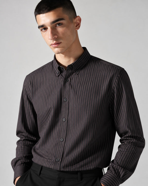 Ilyzly Brown Vertical Stripe Regular Fit Shirt