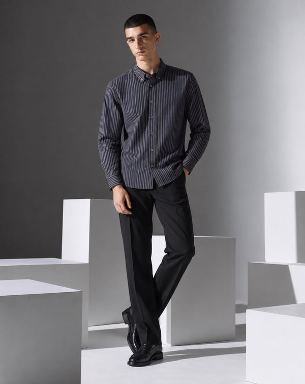 Ilyzly Navy Blue Vertical Stripe Regular Fit Shirt