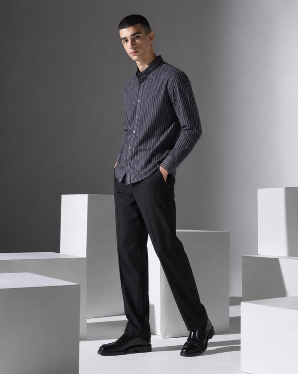 Ilyzly Navy Blue Vertical Stripe Regular Fit Shirt