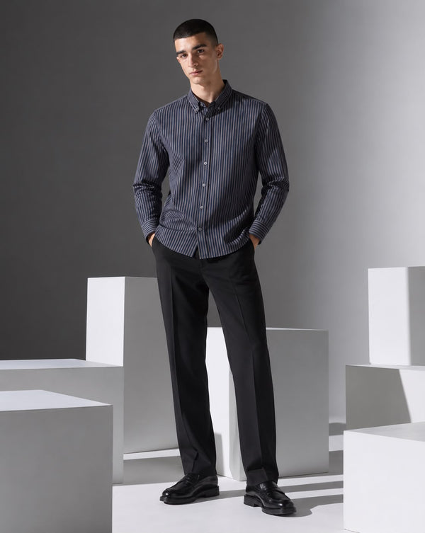 Ilyzly Navy Blue Vertical Stripe Regular Fit Shirt