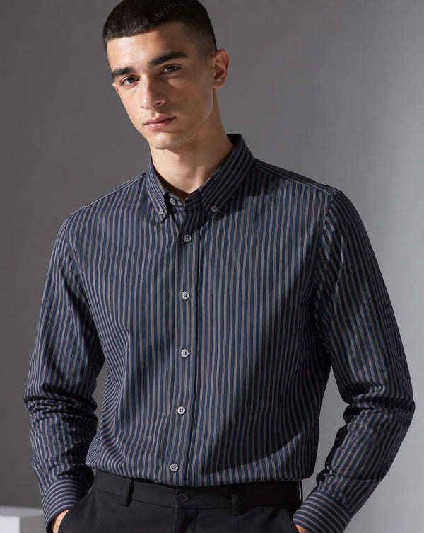 Ilyzly Navy Blue Vertical Stripe Regular Fit Shirt