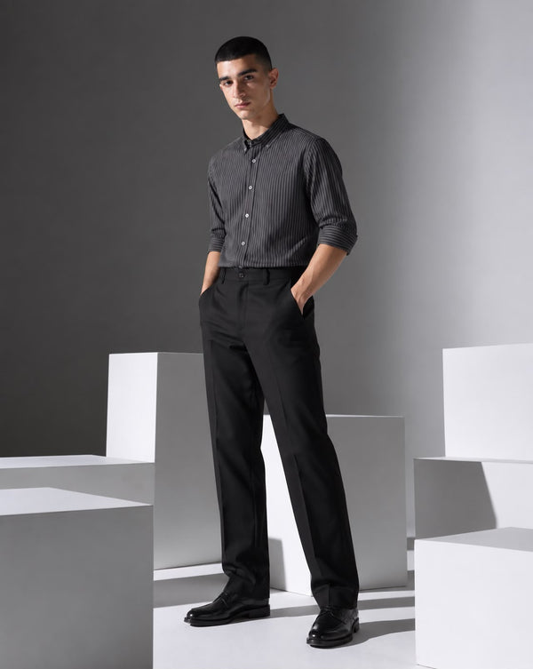 Ilyzly Black Vertical Stripe Regular Fit Shirt