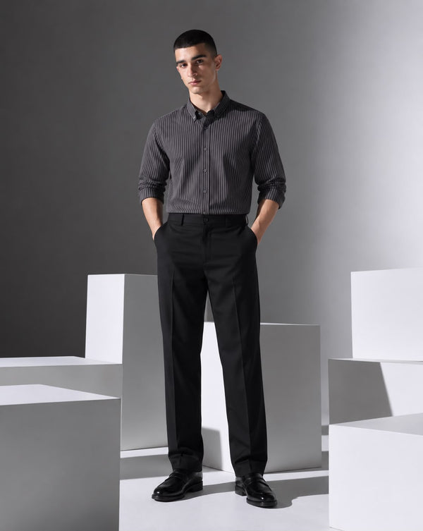 Ilyzly Black Vertical Stripe Regular Fit Shirt