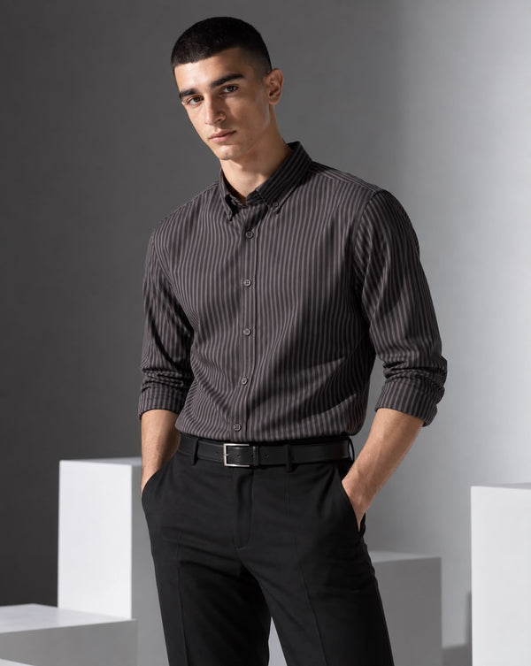 Ilyzly Grey Vertical Stripe Regular Fit Shirt