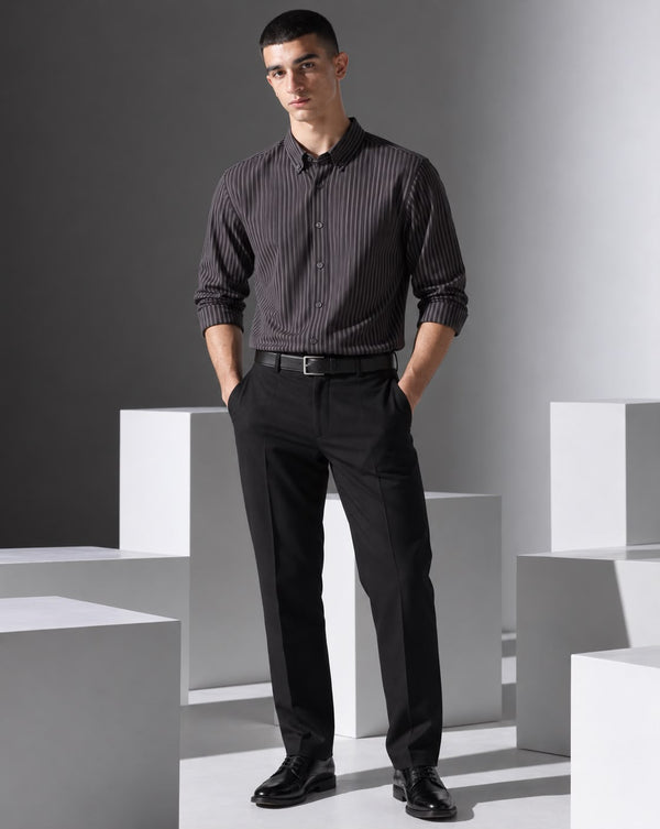 Ilyzly Grey Vertical Stripe Regular Fit Shirt