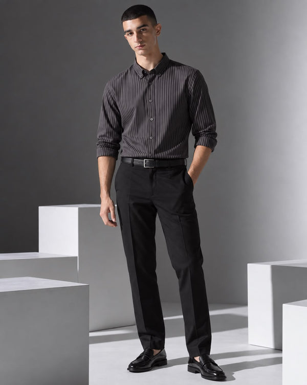 Ilyzly Grey Vertical Stripe Regular Fit Shirt