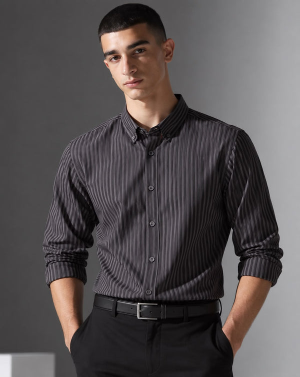 Ilyzly Grey Vertical Stripe Regular Fit Shirt