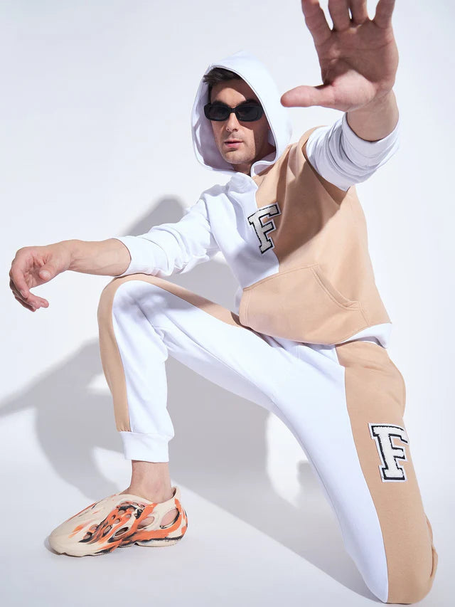 White & Beige Cut Sew Hooded Sweatshirt Ilyzly