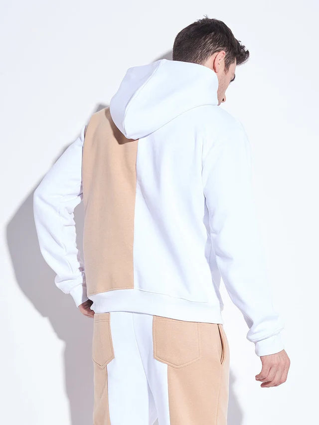 White & Beige Cut Sew Hooded Sweatshirt Ilyzly