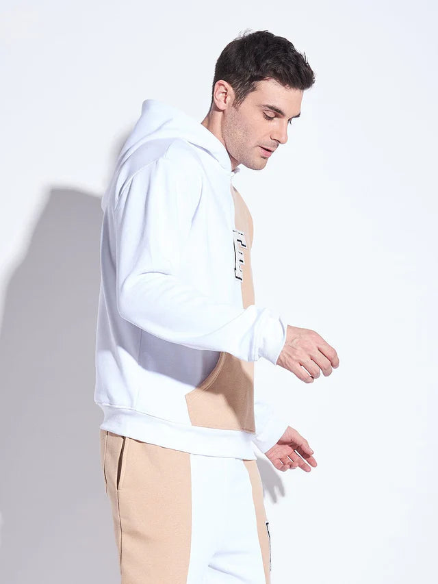 White & Beige Cut Sew Hooded Sweatshirt Ilyzly