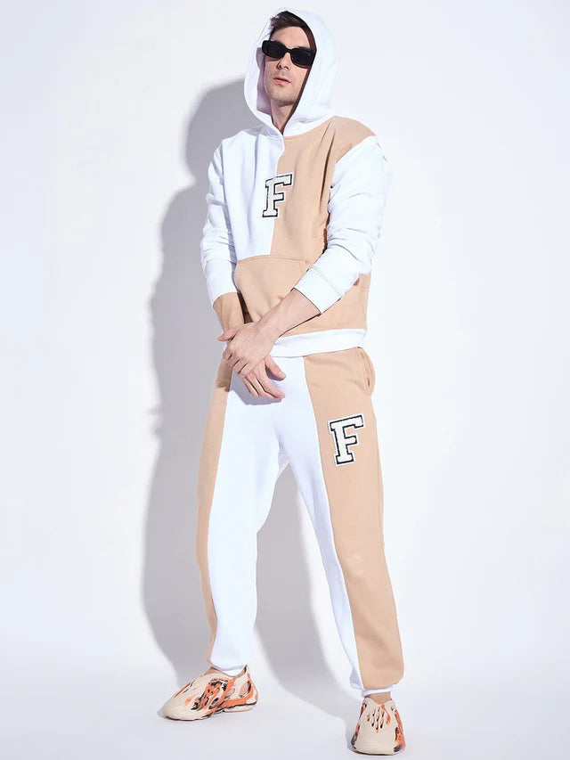 White & Beige Cut Sew Hooded Sweatshirt Ilyzly