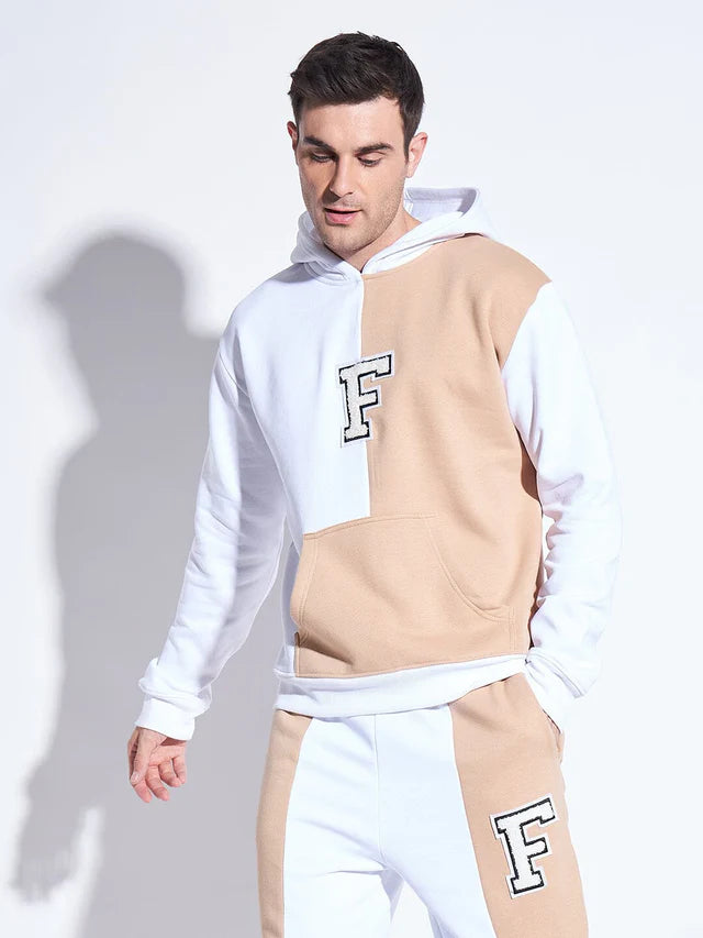 White & Beige Cut Sew Hooded Sweatshirt Ilyzly