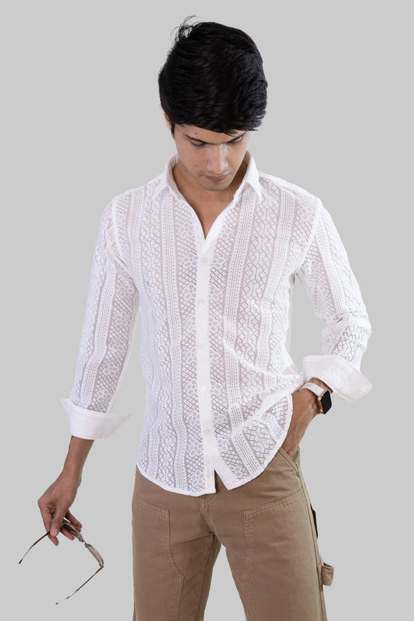 Net Weave Knitted Shirt - White