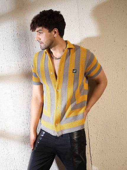Yellow & Grey Striped Crochet Shirt Ilyzly