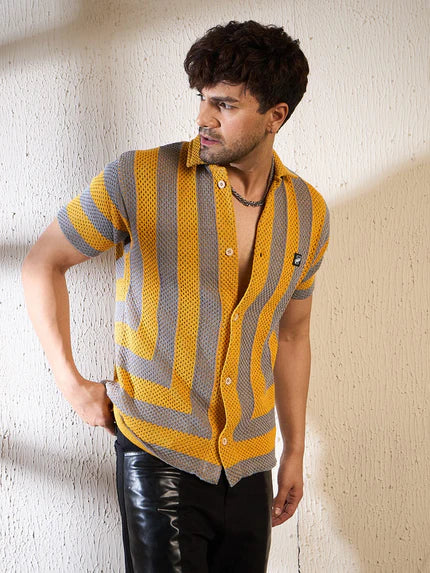 Yellow & Grey Striped Crochet Shirt Ilyzly