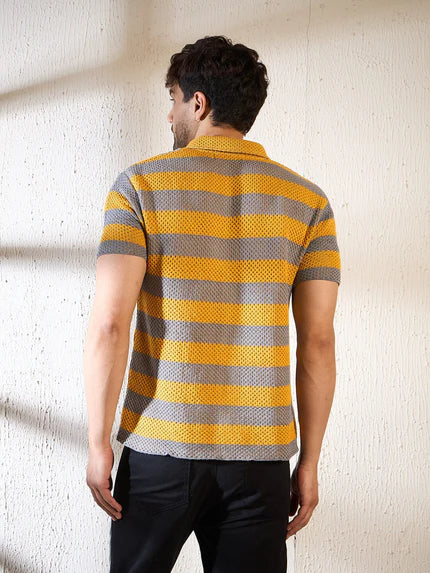 Yellow & Grey Striped Crochet Shirt Ilyzly