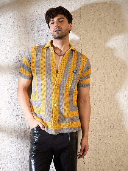 Yellow & Grey Striped Crochet Shirt Ilyzly