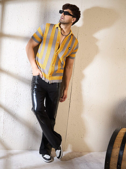 Yellow & Grey Striped Crochet Shirt Ilyzly