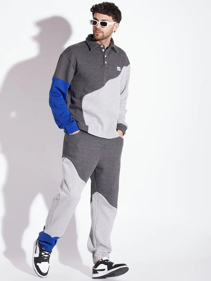Grey Cut Sew Polo Collared Relaxed Tracksuits
